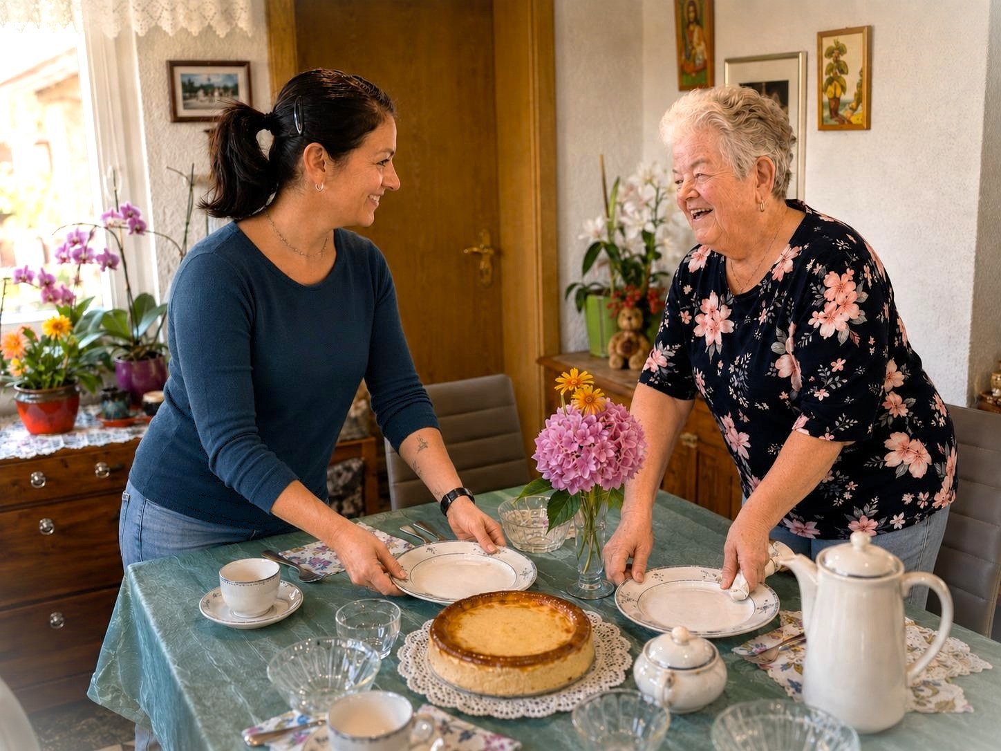 Anne Prczybilla und eine Seniorin beim gemeinsamen Decken des Kaffeetisches